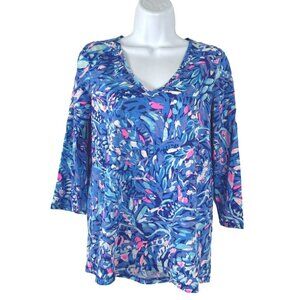 Lilly Pulitzer Etta 3/4 Sleeve‎ Top XS Royal Purple Party Wave V-Neck TP-2882